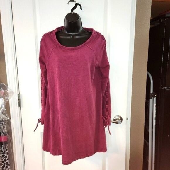 VERY J Tunic Dress Women Medium M Wine Red Long Lace Up Sleeve Mini 100% Cotton - Picture 1 of 12